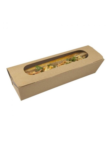 ▶️ Caixa para Sandes em kraft com janela 274x80x60mm (125Uds)