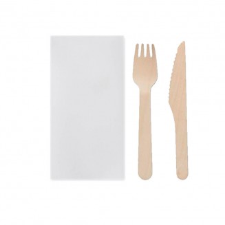 SET MADERA TENEDOR+CUCHILLO+SERVILLETA BLANCA (200 Uds.)